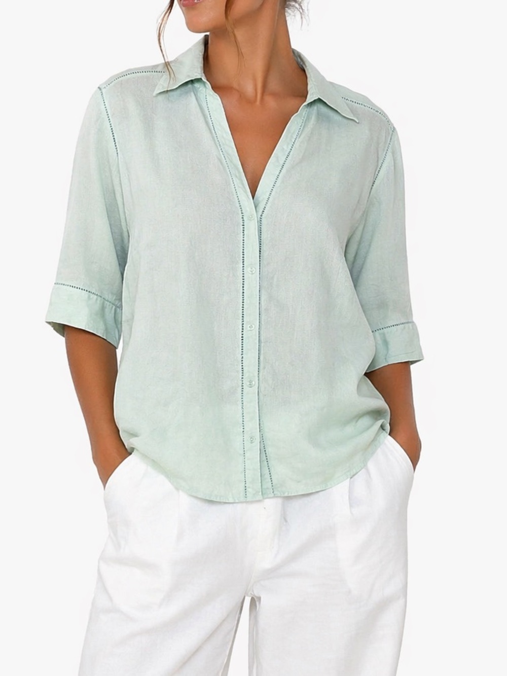 Eddie Bauer 100% Linen Light Blue 3/4 Length Button Front V Neck Collared Blouse - Picture 2 of 11